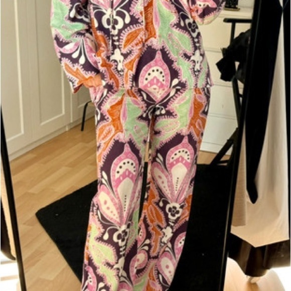Zara Top and Pant Set XS Printed Linen Spain Groovy 70s 60s Boho Colorful Unique - Picture 5 of 16